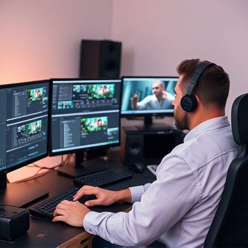 Editor de video trabajando en una estación de edición con mültiples pantallas y software profesional