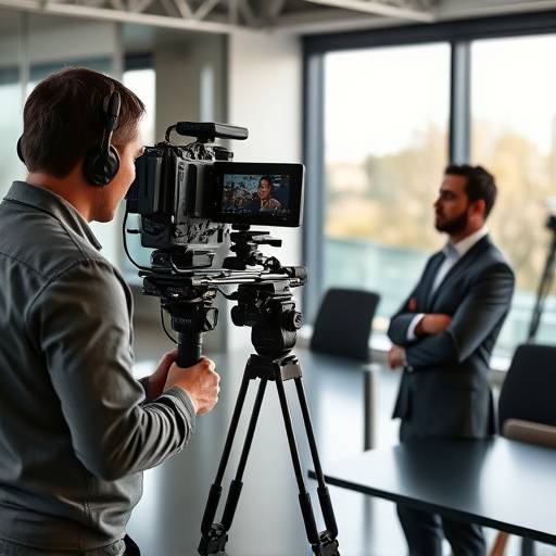 Equipo de VideoEstudioÉlite grabando una entrevista a un ejecutivo en un entorno de oficina moderno
