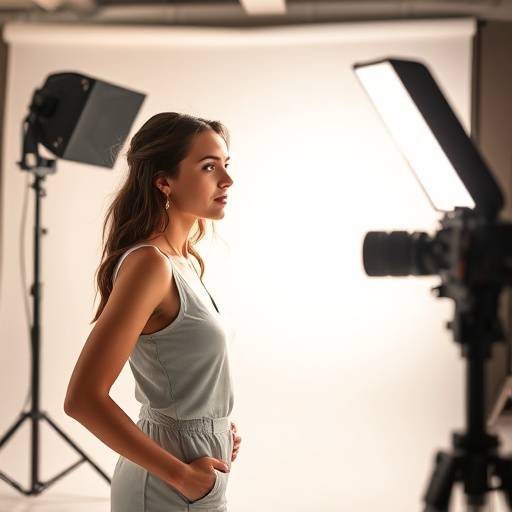 Equipo grabando un anuncio de televisión con una modelo en un estudio de producción