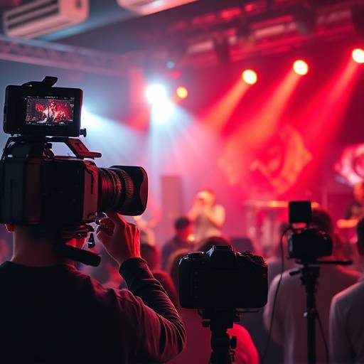 Equipo grabando un concierto en vivo con mültiples cámaras y equipos de audio profesional