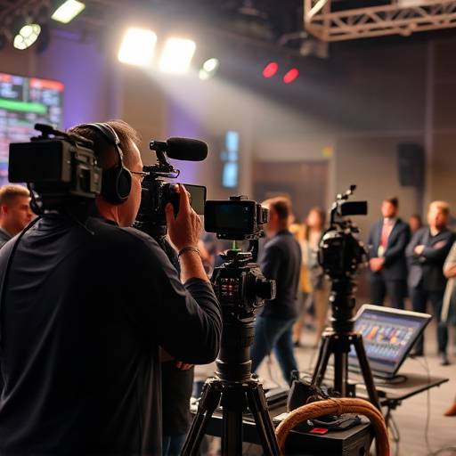 Equipo transmitiendo un evento en vivo con mültiples cámaras y equipos de control de transmisión