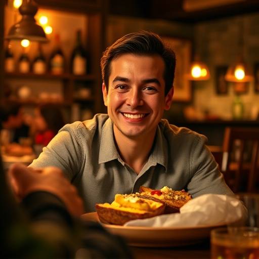 Fotograma de video testimonial de 'Restaurante Delicias Ibéricas', con un cliente sonriendo y disfrutando de un plato.