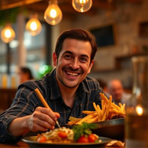 Fotograma de video testimonial de 'Restaurante Delicias Ibéricas', con un cliente sonriendo y disfrutando de un plato.